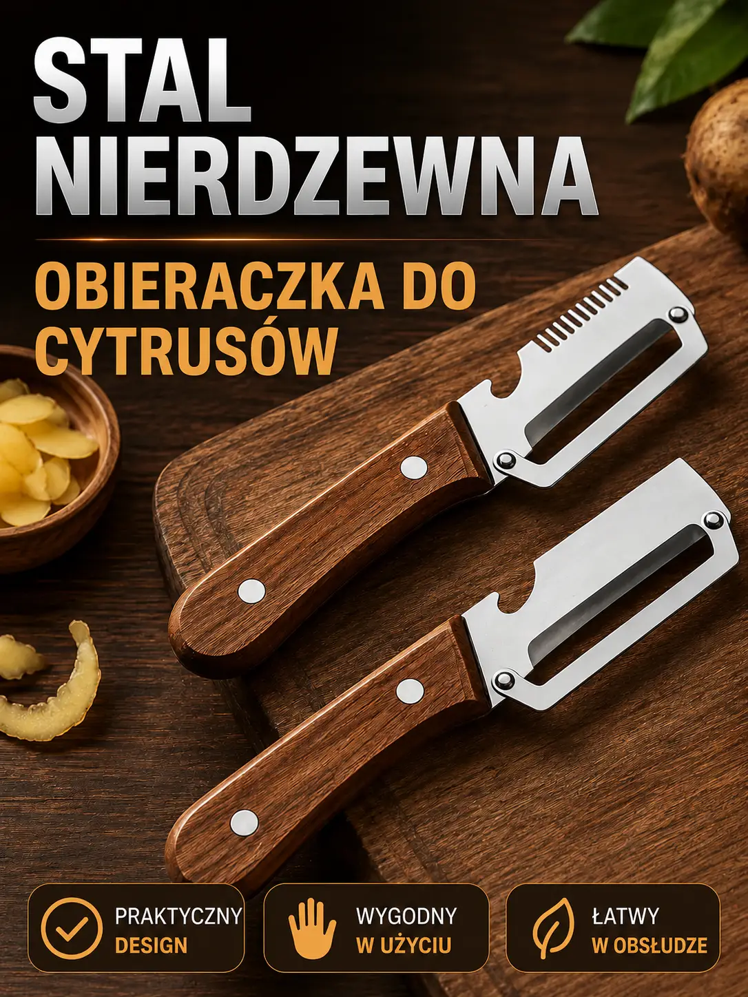 Stal nierdzewna i drewniany uchwyt